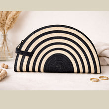 Load image into Gallery viewer, Handmade Woven Straw Clutch | Black & Natural Half Moon Wristlet