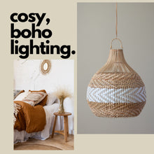 Load image into Gallery viewer, Boho Rattan Light Shade with White Stripe Handmade Woven Pendant Lamp