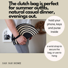 Load image into Gallery viewer, Handmade Woven Straw Clutch | Black & Natural Half Moon Wristlet