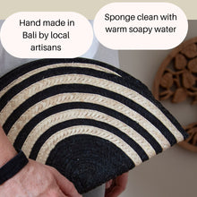 Load image into Gallery viewer, Handmade Woven Straw Clutch | Black & Natural Half Moon Wristlet