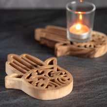 Load image into Gallery viewer, Wooden Hand Coaster |Wood Hamsa Hand Coaster | Rustic Home Decor | For Boho Coffee Table
