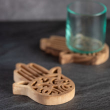 Load image into Gallery viewer, Wooden Hand Coaster |Wood Hamsa Hand Coaster | Rustic Home Decor | For Boho Coffee Table
