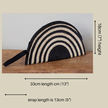 Load image into Gallery viewer, Handmade Woven Straw Clutch | Black &amp; Natural Half Moon Wristlet
