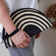 Load image into Gallery viewer, Handmade Woven Straw Clutch | Black &amp; Natural Half Moon Wristlet
