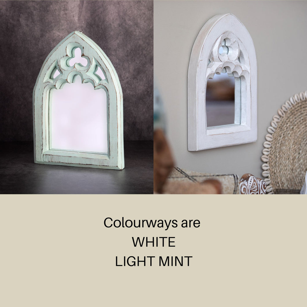 White and Mint Hand carved Wooden Arch Mirror