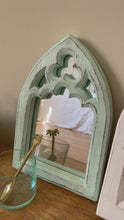 Load and play video in Gallery viewer, White and Mint Hand carved Wooden Arch Mirror
