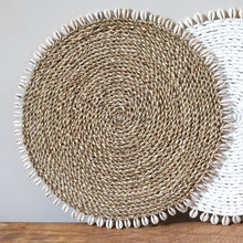 Load image into Gallery viewer, Round Wicker Placemat with Shell Edge | Woven Mat for indoor or outdoor table
